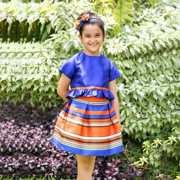 BLUE CROP TOP WITH BOTTOM RUFFLE AND INVERTED PLEAT SKIRT SET WITH HAIRBOW Solid Color Striped Floral BLUE CROP TOP WITH BOTTOM RUFFLE AND INVERTED PLEAT SKIRT SET WITH HAIRBOW Solid Color Striped Floral