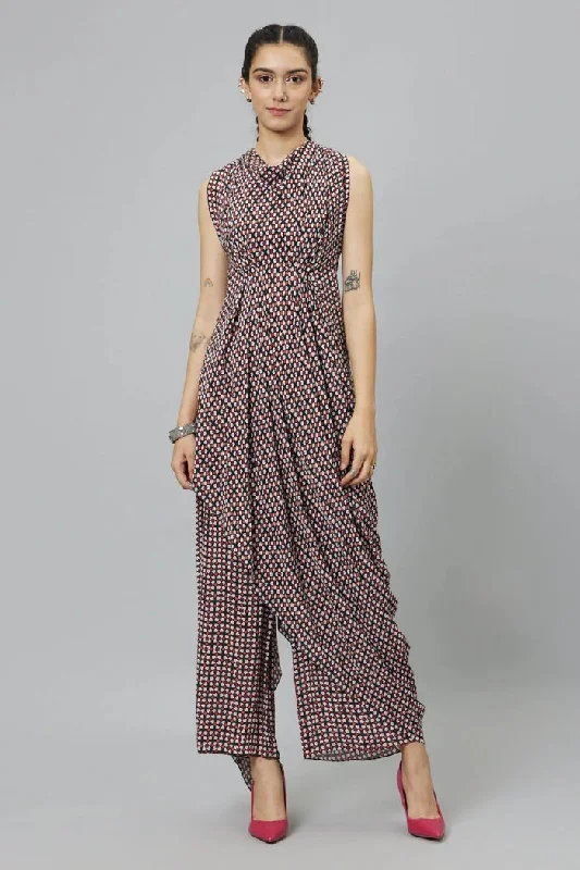 BLACK GEOMETRIC PRINT CROP TOP WITH ATTACHED DRAPE WITH PANTS Chenille Blend Fleece Blend Nylon Blend BLACK GEOMETRIC PRINT CROP TOP WITH ATTACHED DRAPE WITH PANTS Chenille Blend Fleece Blend Nylon Blend