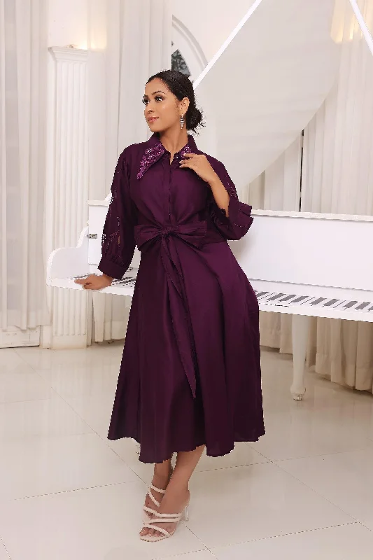 Purple Embroidered Cotton Flared Dress Tunics Evening elegant