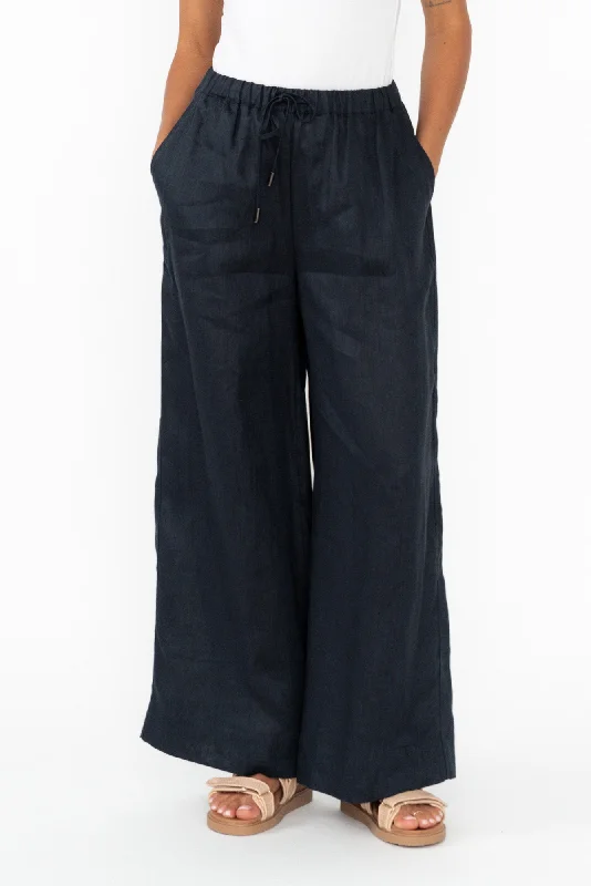 Jimmie Navy Linen Tie Pants Casual Skinny Fit Pants