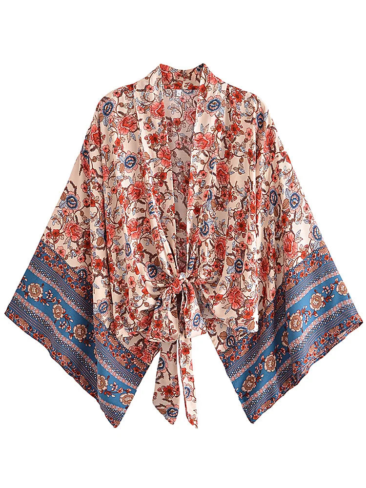 Desert Rose Boho Floral Print Crop Top Hooded Caped Shawl Collar