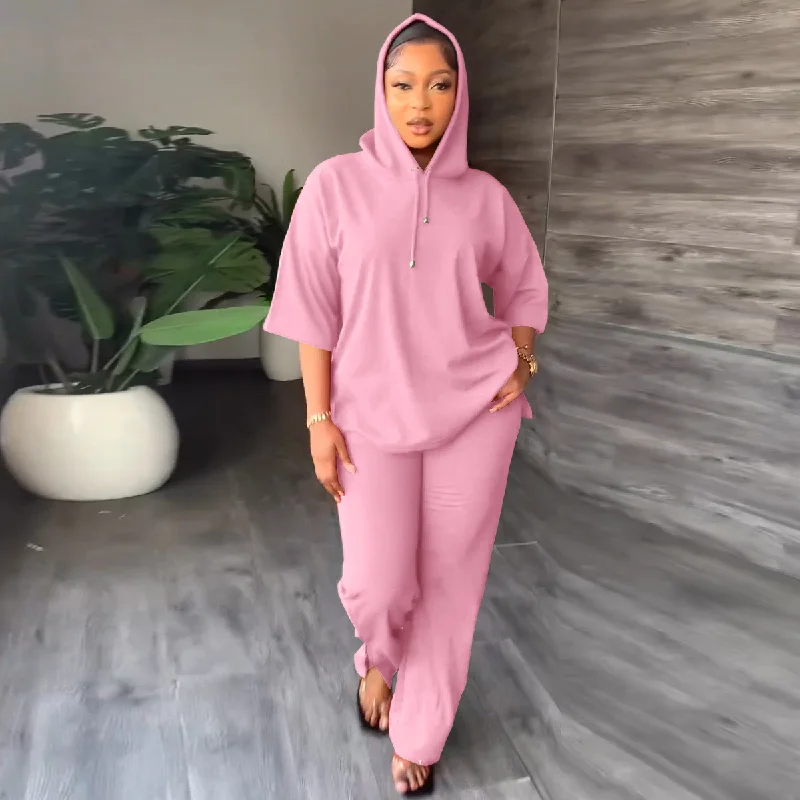 Women Casual Soloid Color Long Sleeve Hoodie And Pants Two-Piece Set Slim-Fit Khaki Pants