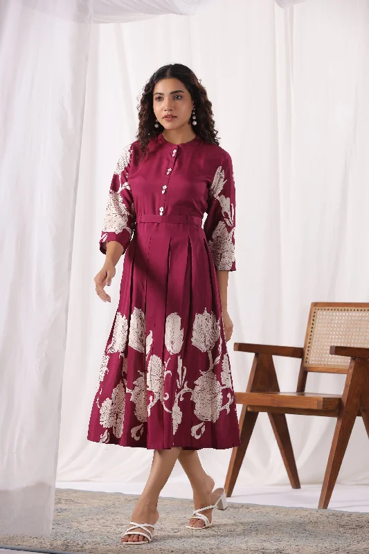 Wine Russian Silk Floral Printed Midi  Dress Tunics Polka dots