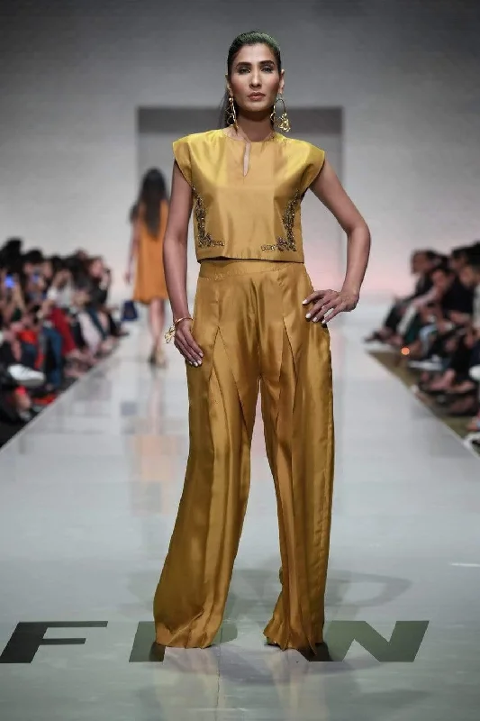 Yasmin Zaman - Mustard - Crop Top With Flowy Trouser - 2 Piece Handmade Hand-knitted Hand-woven Yasmin Zaman - Mustard - Crop Top With Flowy Trouser - 2 Piece Handmade Hand-knitted Hand-woven
