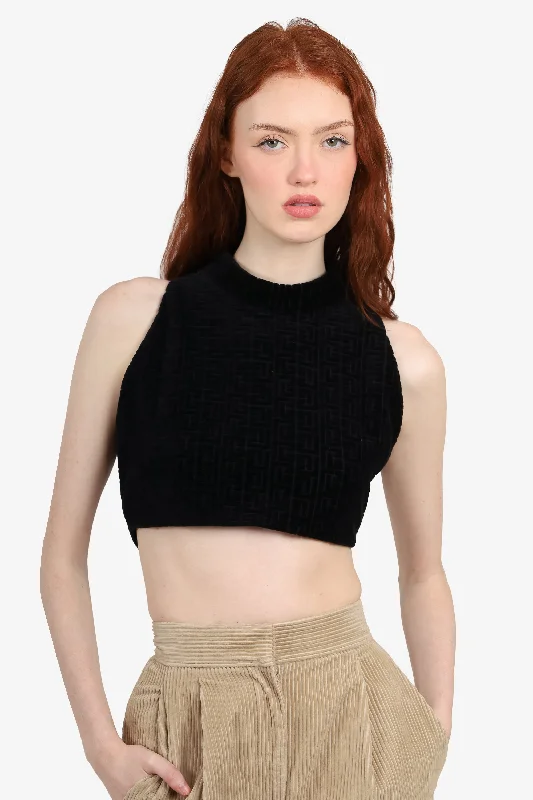 Balmain Black Velvet Monogram Sleeveless Crop Top Size 46 Handmade Hand-knitted Hand-woven Balmain Black Velvet Monogram Sleeveless Crop Top Size 46 Handmade Hand-knitted Hand-woven
