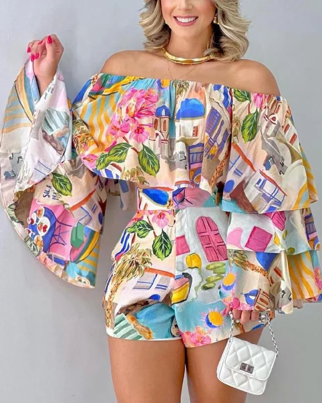 Bikini Set Cover UpWomens Outifits 2023 Spring Fashion Graphic Print Off Shoulder Bell Sleeve Crop Top & Casual Vacation Shorts Set Collared Crew Neck Turtle Neck