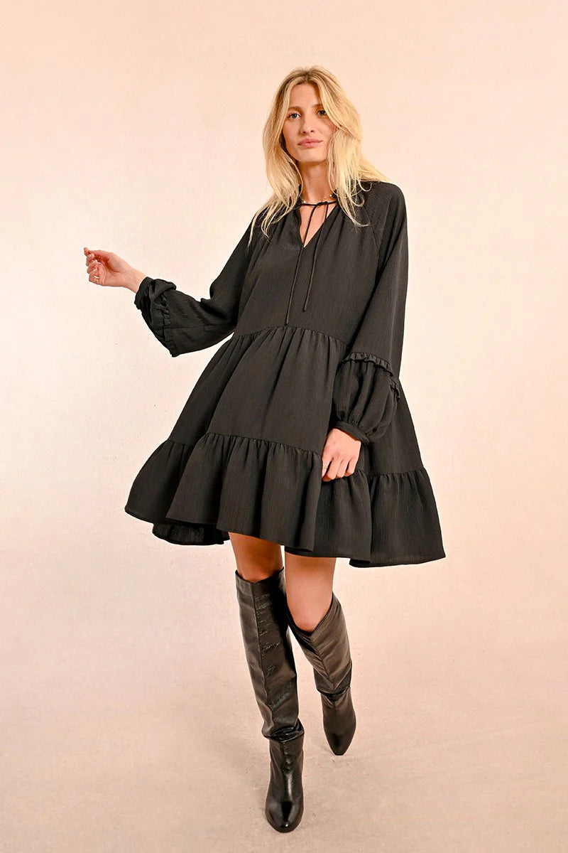 Multi Ruffle Dress in Black Tunics Brand named