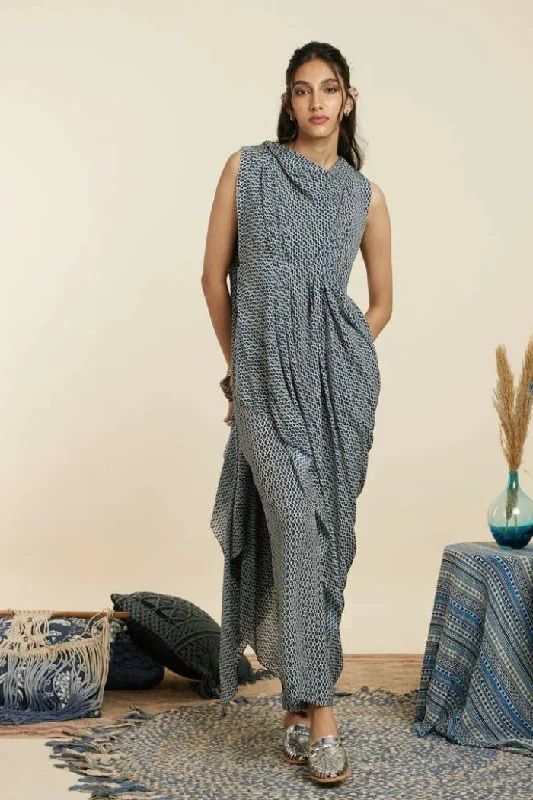 BLUE GEOMETRIC PRINT CROP TOP WITH ATTACHED DRAPE WITH PANTS Mesh Blend Leather Blend Suede Blend BLUE GEOMETRIC PRINT CROP TOP WITH ATTACHED DRAPE WITH PANTS Mesh Blend Leather Blend Suede Blend