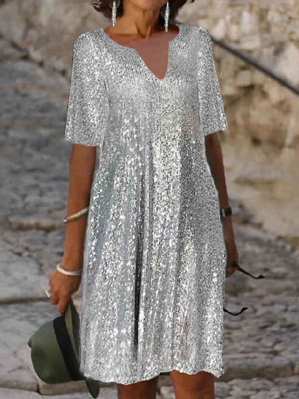 Women's Wedding Guest Dress Party Dress Sequin Dress Midi Dress Silver Short Sleeve Pure Color Sequins Summer Spring Split Neck Party Office Vacation Summer Dress S M L XL 2XL 3XL Tunics Timeless classic Women's Wedding Guest Dress Party Dress Sequin Dress Midi Dress Silver Short Sleeve Pure Color Sequins Summer Spring Split Neck Party Office Vacation Summer Dress S M L XL 2XL 3XL Tunics Timeless classic