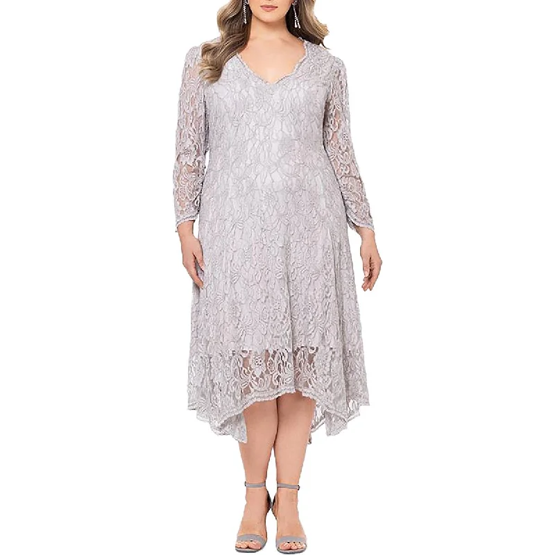Plus Womens Metallic Lace Cocktail And Party Dress Tunics Solid Classic