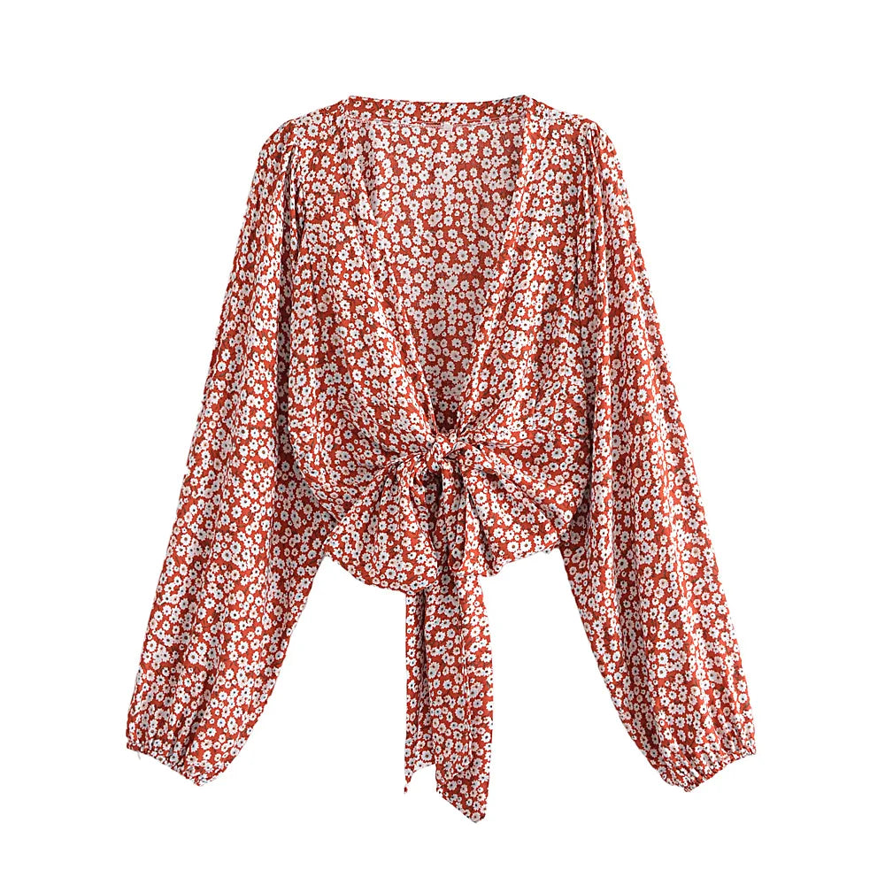 Poppy Bloom Boho Floral Print Long Sleeve Crop Top Plaid Crop Top Polka Dot Checkered