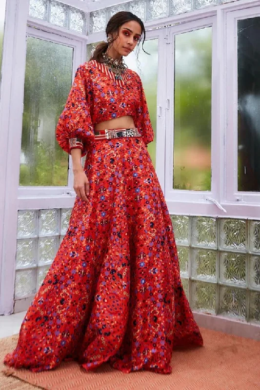 BURNT ORANGE RASA PRINT LEHENGA WITH DOLMAN SLEEVES CROP TOP Print Jacquard Patchwork BURNT ORANGE RASA PRINT LEHENGA WITH DOLMAN SLEEVES CROP TOP Print Jacquard Patchwork