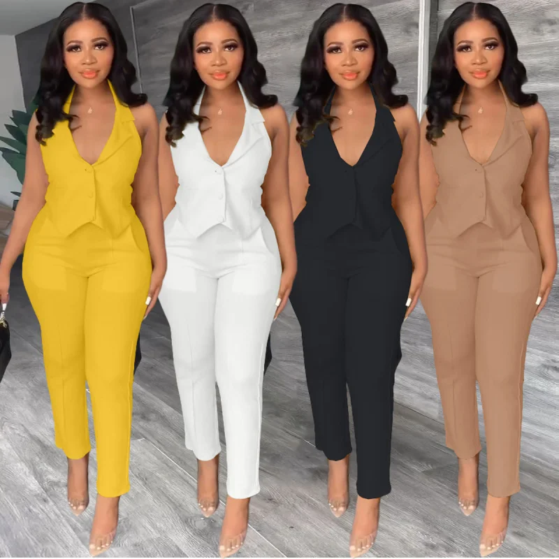 Women Solid Color Lapel Sleeveless V-Neck Top And Pants Casual Two-Piece Set Trendy High-Waist Trousers