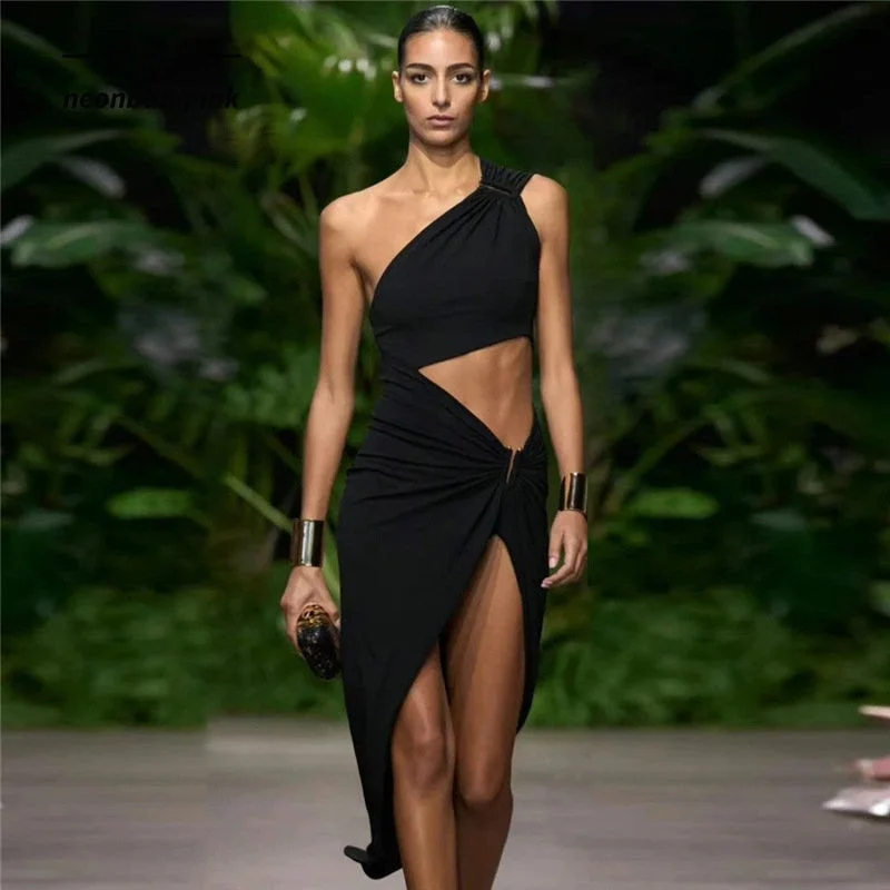 Black White Party Dress Elegant Sexy Asymmetrical Cut Out One Shoulder High Split Long Dresses for Women N71-CG28 Tunics Print Colorful Black White Party Dress Elegant Sexy Asymmetrical Cut Out One Shoulder High Split Long Dresses for Women N71-CG28 Tunics Print Colorful