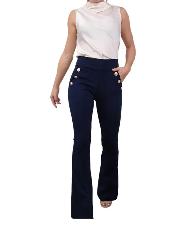 Button Ponte Pants In Navy Relaxed High-Waist Trousers
