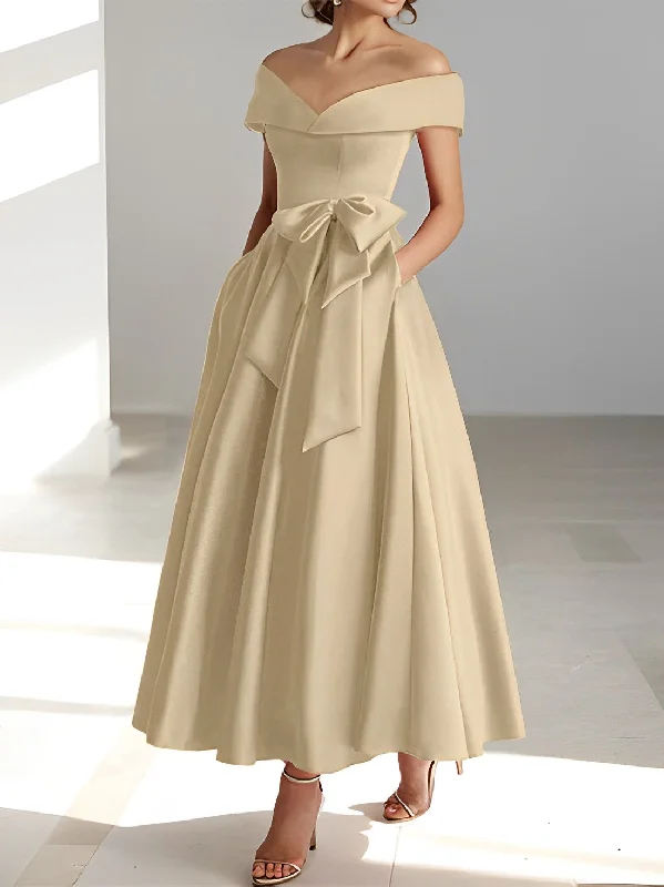 A-Line/Princess Off-the-Shoulder Sleeveless Ankle-Length Mother of the Bride Dresses with Pockets Tunics Recommended stylist