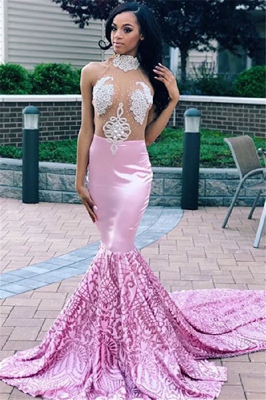 Sexy High Neck Applique Mermaid Party Dresses | Pink Sheer Tulle Sleeveless Prom Dresses Chiffon Maxi Beach Sexy High Neck Applique Mermaid Party Dresses | Pink Sheer Tulle Sleeveless Prom Dresses Chiffon Maxi Beach