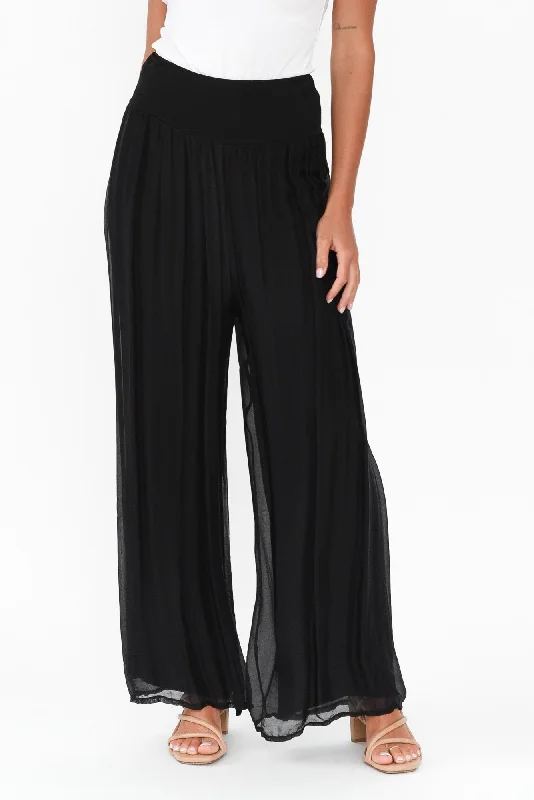 Laurier Black Silk Wide Leg Pants Classic Chino Pants