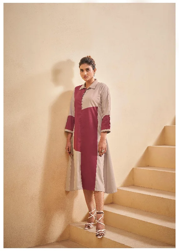 Dusty Rose and Khaki Color-Blocked  Poplin A-Line Dress Tunics Silk luxurious