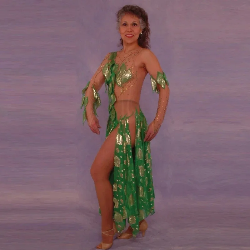 Green Latin-Rhythm Dress with Gold Accents on Sale-Sierra Tunics Sophisticated sleek Green Latin-Rhythm Dress with Gold Accents on Sale-Sierra Tunics Sophisticated sleek
