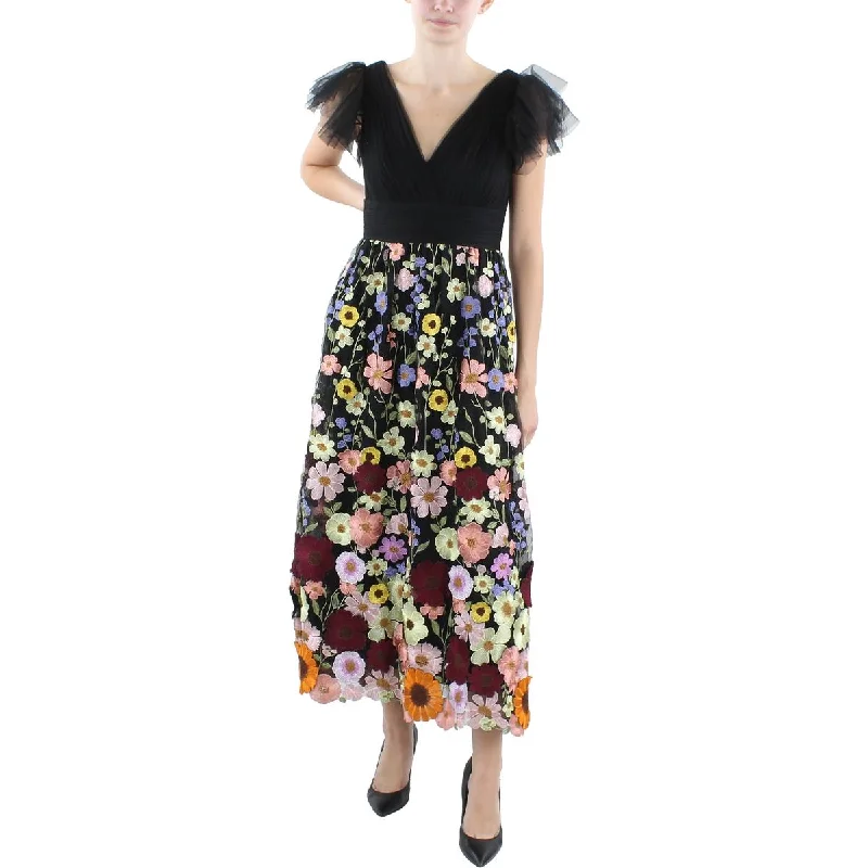 Womens Embroidered Tulle Cocktail And Party Dress Tunics Satin smooth
