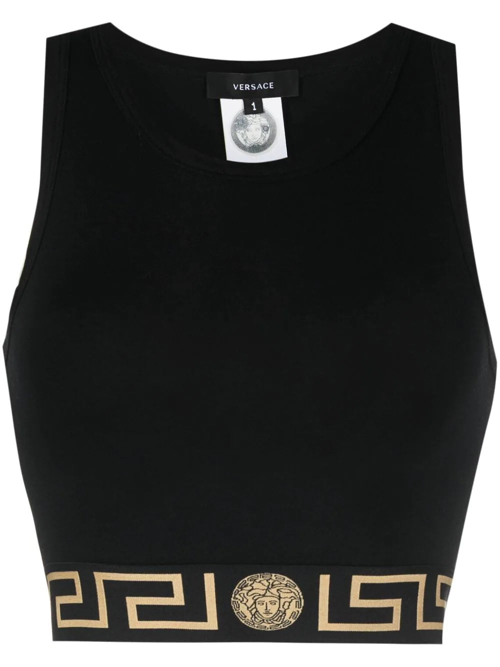 Versace Black Greca Crop Top Spandex Blend Rayon Blend Denim Blend