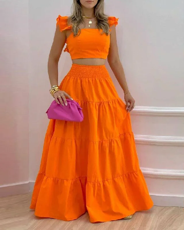 Summer Female Hot Style Ruffled Suspenders Pleated Back Crop Top and Long Skirt Solid Color Two-piece Set Women 2022 Fashion Welt Pockets Slit Pockets Flap Pockets