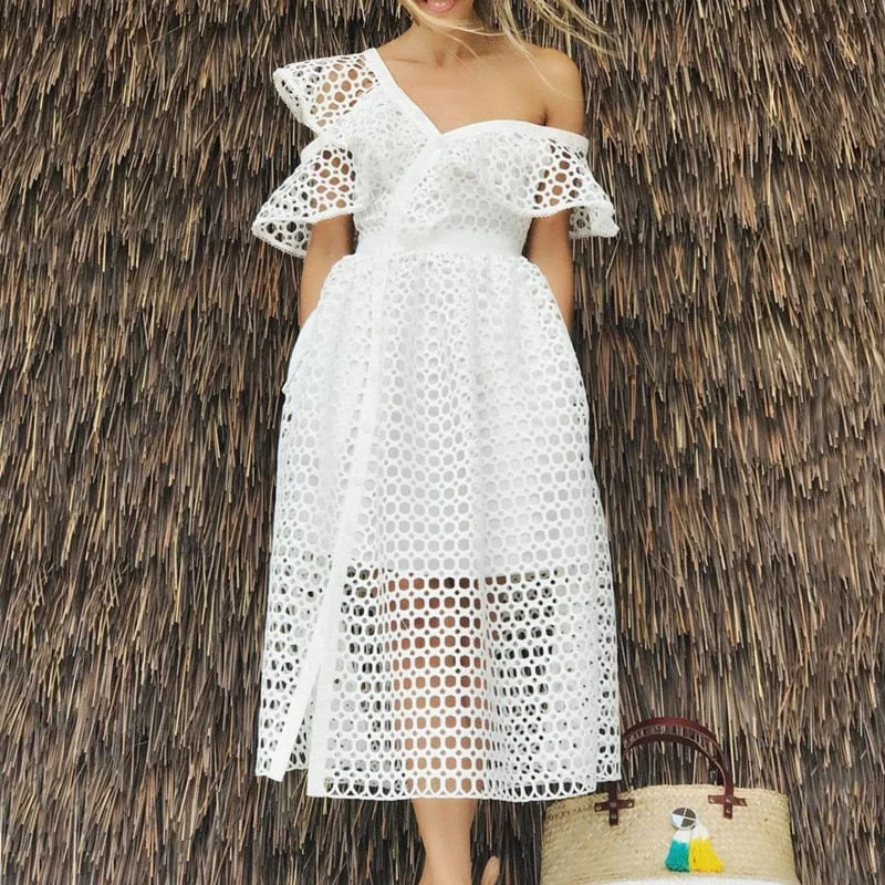 Elegant Hollow Out Lace Dress Women Sexy Inclined Shoulder V Neck Ruffles Party Dresses Summer White A Line Long Dress Glittery Long Formal Elegant Hollow Out Lace Dress Women Sexy Inclined Shoulder V Neck Ruffles Party Dresses Summer White A Line Long Dress Glittery Long Formal