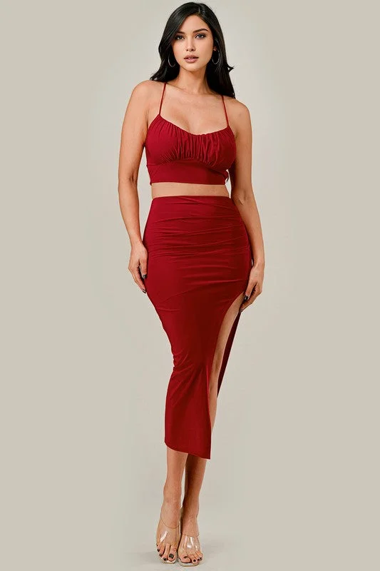 Solid Strap Crop Top and Side Slit Skirt Set Collared Crew Neck Turtle Neck
