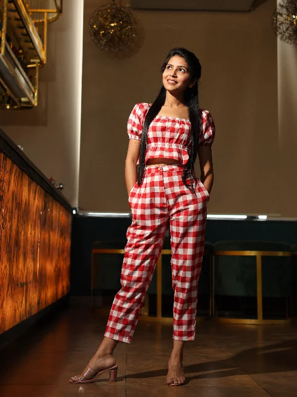 Women's Checkered Crop Top And Pant Set - Hatheli Mesh Canvas Denim