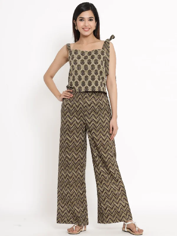 Women's Brown Printed Crop Top & Palazzo by Kipek- (2pcs set) Ribbed Striped Patterned