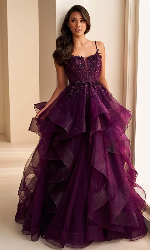 Ellie Wilde EW36225 - Floral Appliqued Lace-Up Prom Dress Crew Neckline Sporty