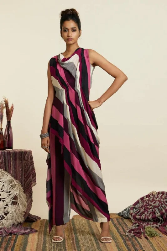 MERLOT STRIPE PRINT CROP TOP WITH ATTACHED DRAPE WITH PANTS Mesh Blend Leather Blend Suede Blend