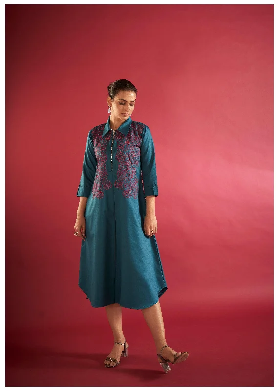 Teal Blue Embroidered Thread Work Poplin Dress Tunics Leisure comfortable