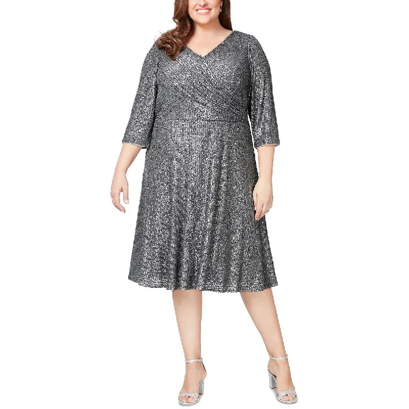 Womens Sequined Below Knee Cocktail and Party Dress Boatneck Modish Everyday