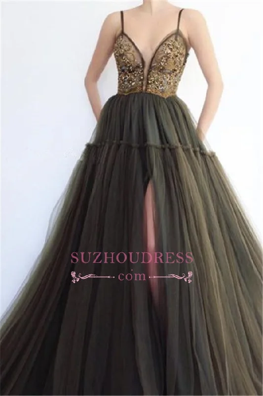 Sexy Slit Sleeveless Appliques Party Dresses | Green Spaghetti-straps Tulle Prom Dresses Halter Neckline Beach Sexy Slit Sleeveless Appliques Party Dresses | Green Spaghetti-straps Tulle Prom Dresses Halter Neckline Beach