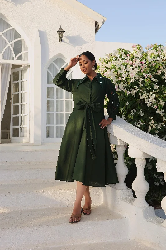 Bottle Green Embroidered Flare Cotton Dress Tunics Winter warm