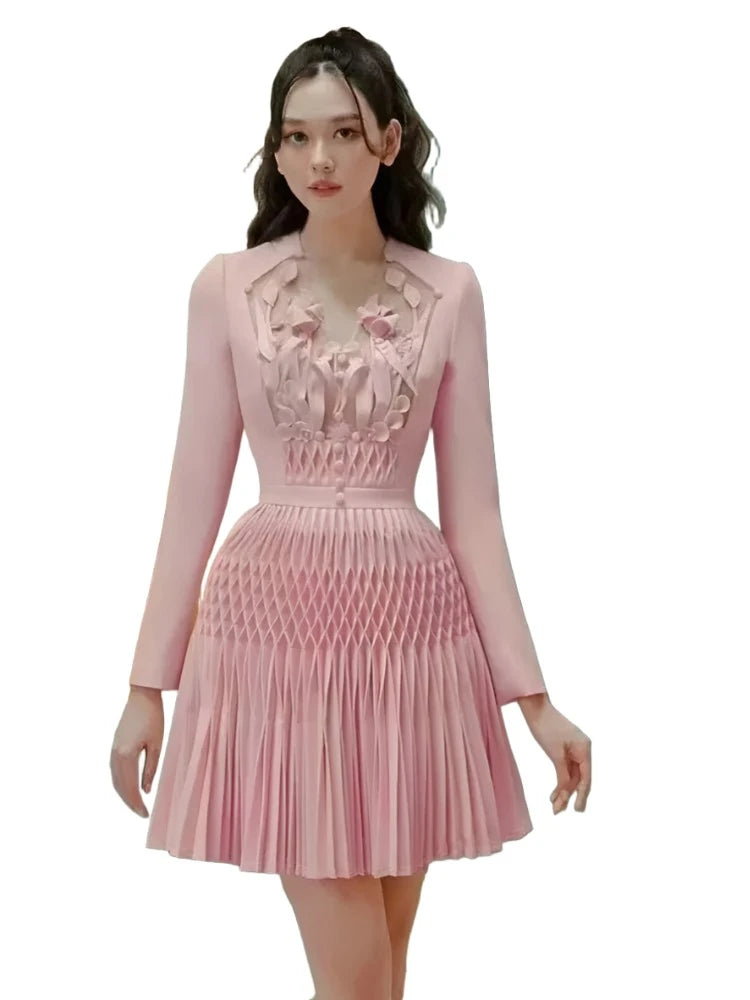 Dress V-neck Pleated Buttons 3D Flower Patchwork A-line Women's Evening Party Dresses Chiffon Maxi Beach Dress V-neck Pleated Buttons 3D Flower Patchwork A-line Women's Evening Party Dresses Chiffon Maxi Beach