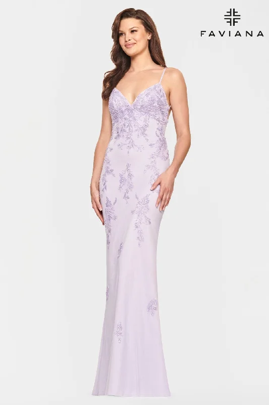 Lilac Beaded Lace Long V Neck Dress With Open Back | S10633 Tunics Evening elegant