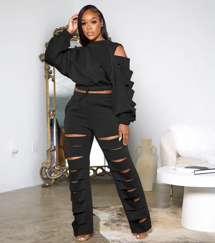 Women Fashion Solid Color Long-Sleeve Top And Pant 2PCS Set Slim Fit Casual Pants