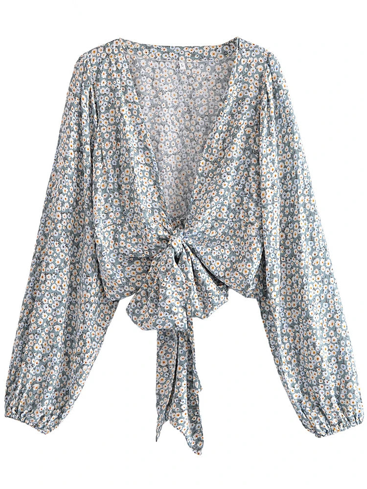 Blue Bloom Boho Floral Print Long Sleeve Crop Top Solid Color Striped Floral