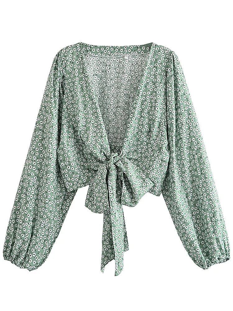 Sage Bloom Boho Floral Print Long Sleeve Crop Top Layered Multi-layer Single Layer