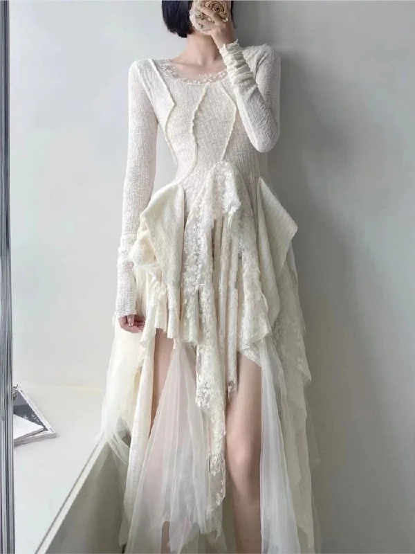 French Elegant Women's Vintage Dress Autumn Winter New Irregular Lace Splicing Evening Long Bridesmaid Party Dress Tunics Modern contemporary French Elegant Women's Vintage Dress Autumn Winter New Irregular Lace Splicing Evening Long Bridesmaid Party Dress Tunics Modern contemporary