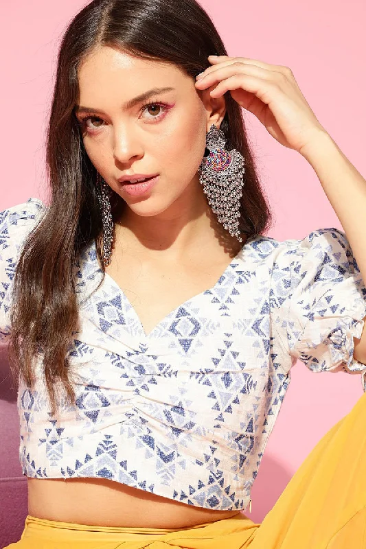 White & Blue Cotton Ethnic Motif Printed Pleated Crop Top Sequined Glittery Shiny