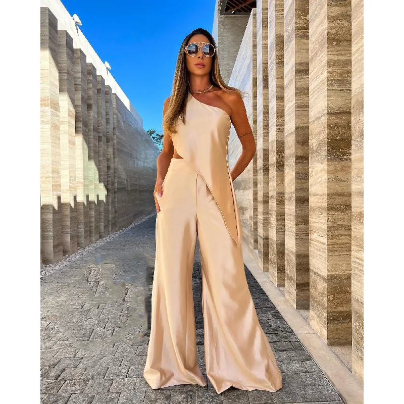 Spring And Summer Women Sleeveless Solid Color Sexy Cool-Shoulder Top Loose Wide Leg Pants Sets Lightweight Jogger Pants