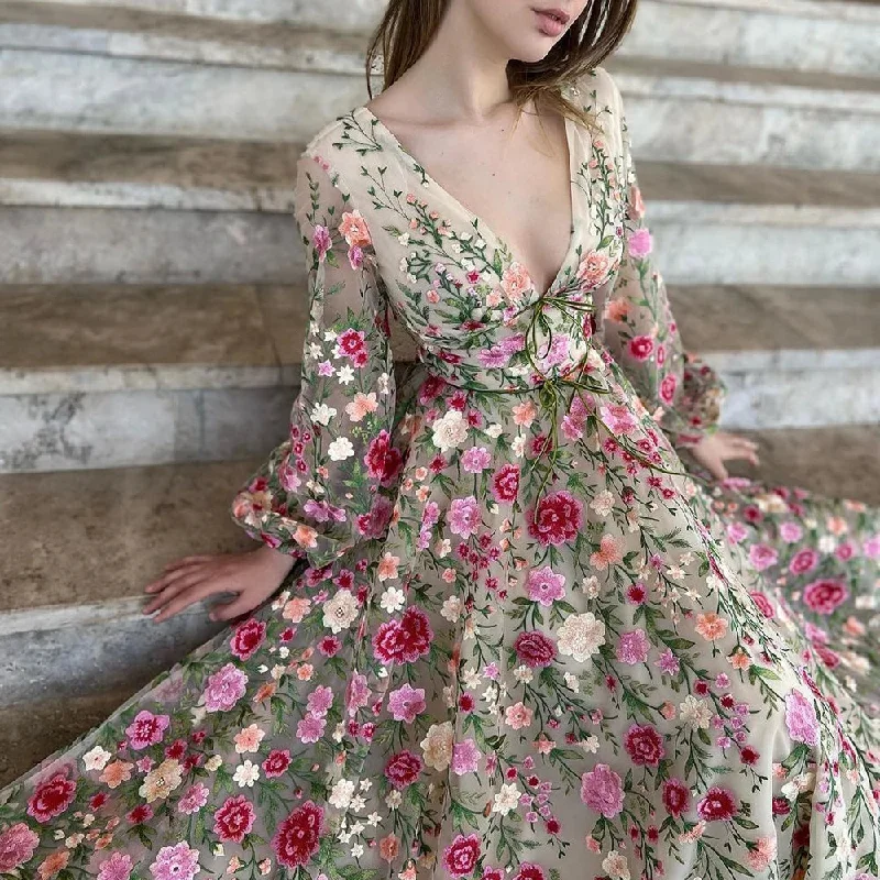 A-Line/Princess V-Neck Long Sleeves Floral Formal Party Dresses With Flowers Tunics Winter warm A-Line/Princess V-Neck Long Sleeves Floral Formal Party Dresses With Flowers Tunics Winter warm