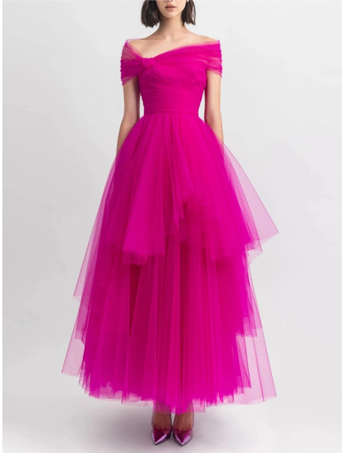 A-Line Evening Gown Party Dress Puffy Dress Formal Fall Ankle Length Short Sleeve Off Shoulder Tulle with Pleats Ruched Tunics Short Trendy A-Line Evening Gown Party Dress Puffy Dress Formal Fall Ankle Length Short Sleeve Off Shoulder Tulle with Pleats Ruched Tunics Short Trendy