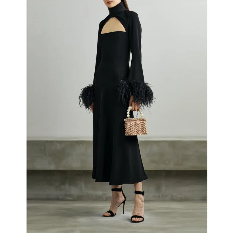 16AR Customized Women Black Ostrich Feather Trimmed Sleeve Cut-out Black Midi Party Dress High Quality Evening Wedding Dress Tunics Formal black 16AR Customized Women Black Ostrich Feather Trimmed Sleeve Cut-out Black Midi Party Dress High Quality Evening Wedding Dress Tunics Formal black