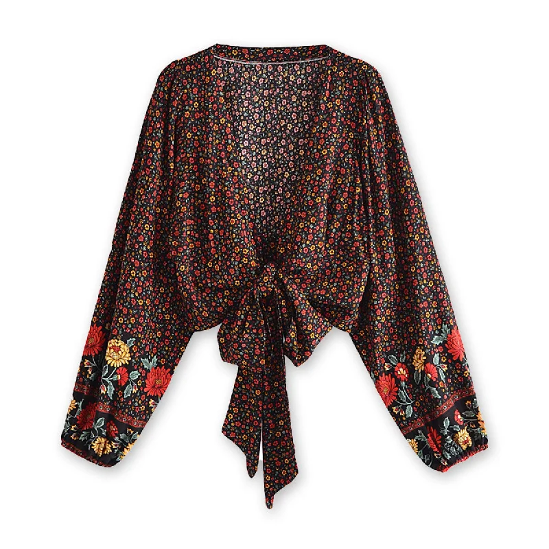 Midnight Garden Boho Floral Print Long Sleeve Crop Top Polka Dot Checkered Tartan