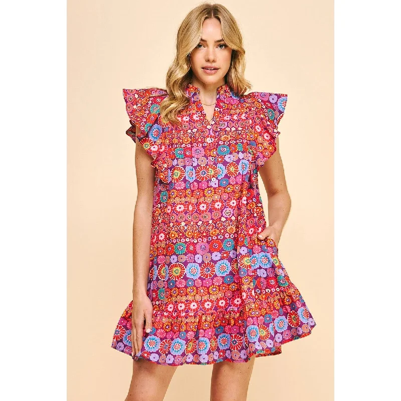 Amberlyn Floral Print Pintuck Mini PINCH Dress Tunics Designer luxury